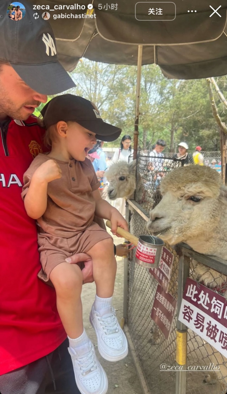 親子時光！泰山外援澤卡更新社媒，帶孩子在動物園玩耍&喂食羊駝