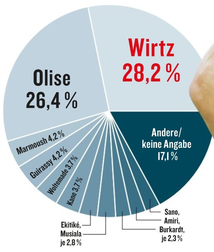 《踢球者》票選德甲賽季最佳球員：維爾茨28.2%，奧利塞第二